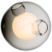 Bocci 28 wall light, grey metallic sphere, features diffused white bulb and chrome rings within reflective outer shell.